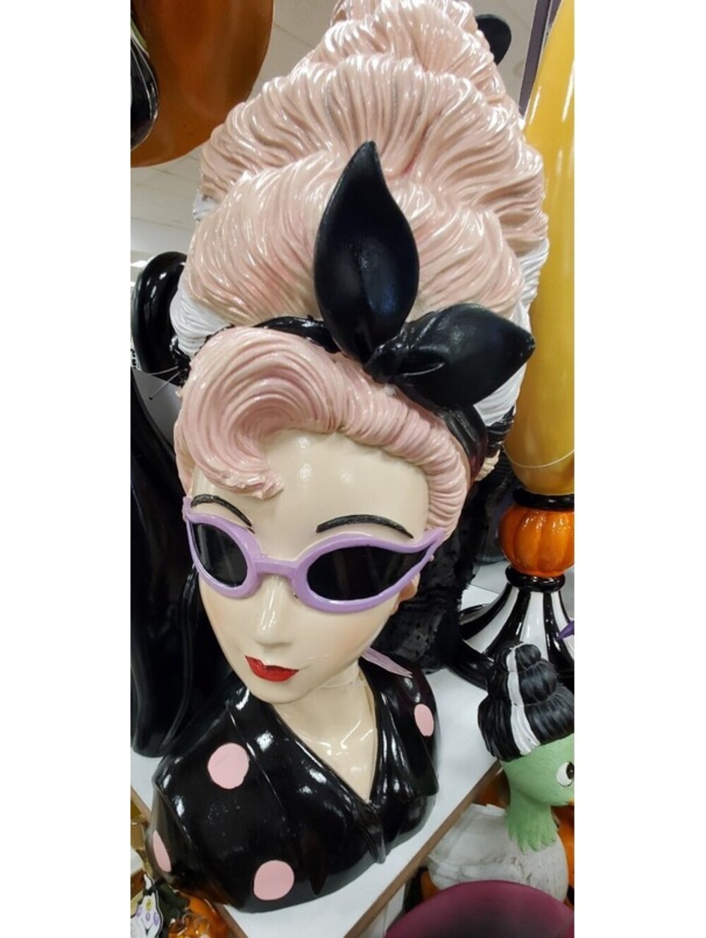 Bella Lux Retro Lady Head Pink Beehive Cat Eye Sunglasses Halloween Decor Bust